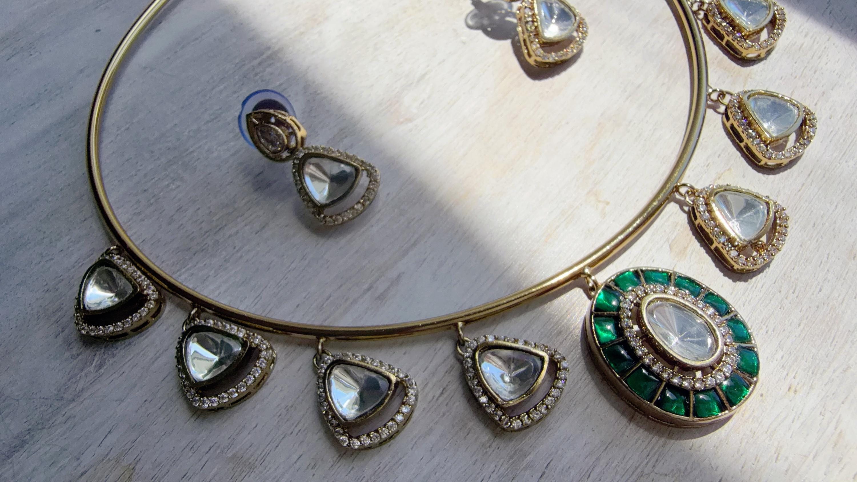 Emerald Green Coral Polki Kundan Necklace Set with Drop Earrings | Gold Finish Bridal Jewelry | Indian Wedding Necklace Set - Sally