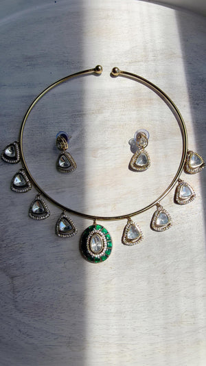 Emerald Green Coral Polki Kundan Necklace Set with Drop Earrings | Gold Finish Bridal Jewelry | Indian Wedding Necklace Set - Sally