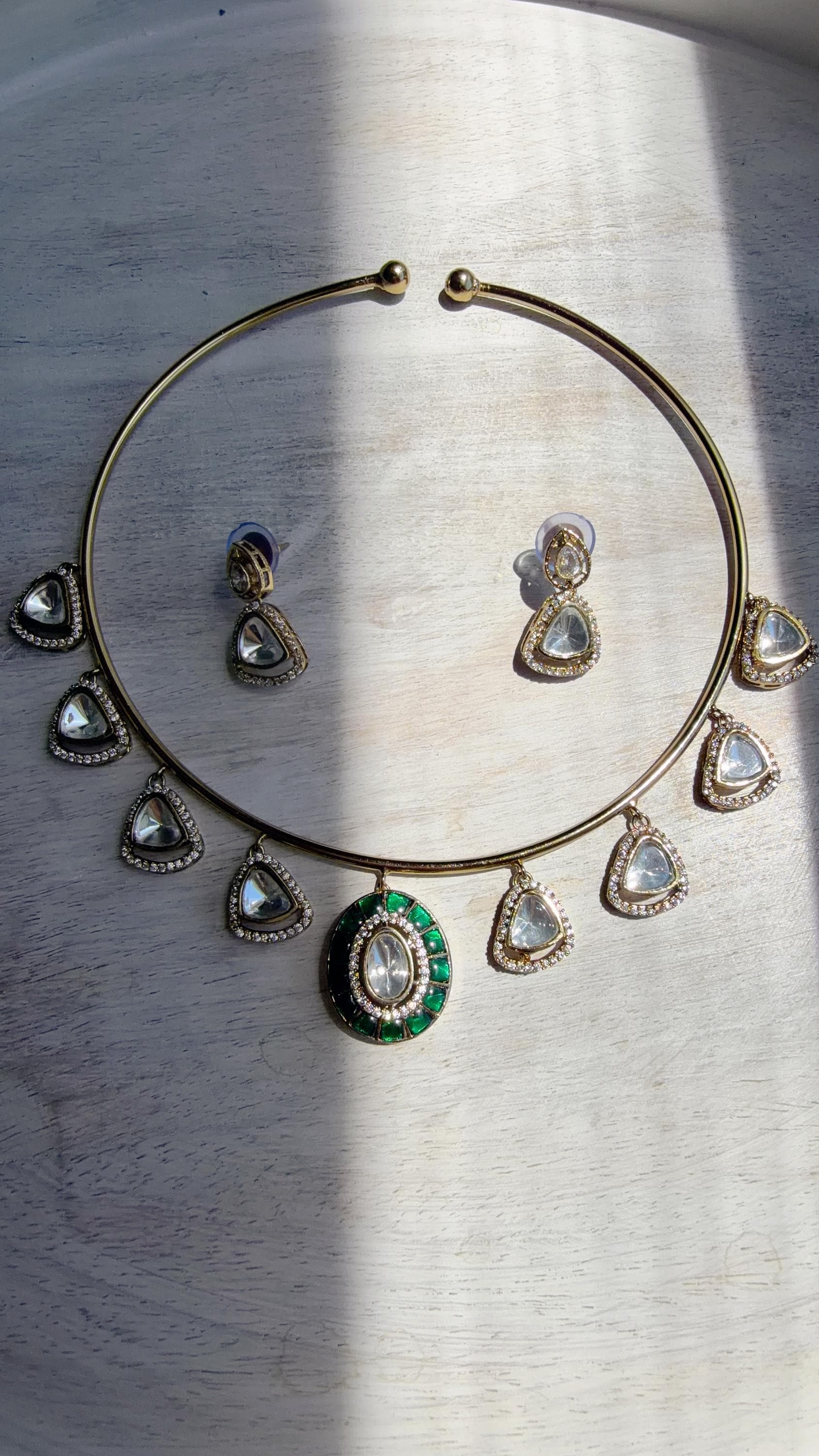 Emerald Green Coral Polki Kundan Necklace Set with Drop Earrings | Gold Finish Bridal Jewelry | Indian Wedding Necklace Set - Sally