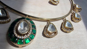 Emerald Green Coral Polki Kundan Necklace Set with Drop Earrings | Gold Finish Bridal Jewelry | Indian Wedding Necklace Set - Sally