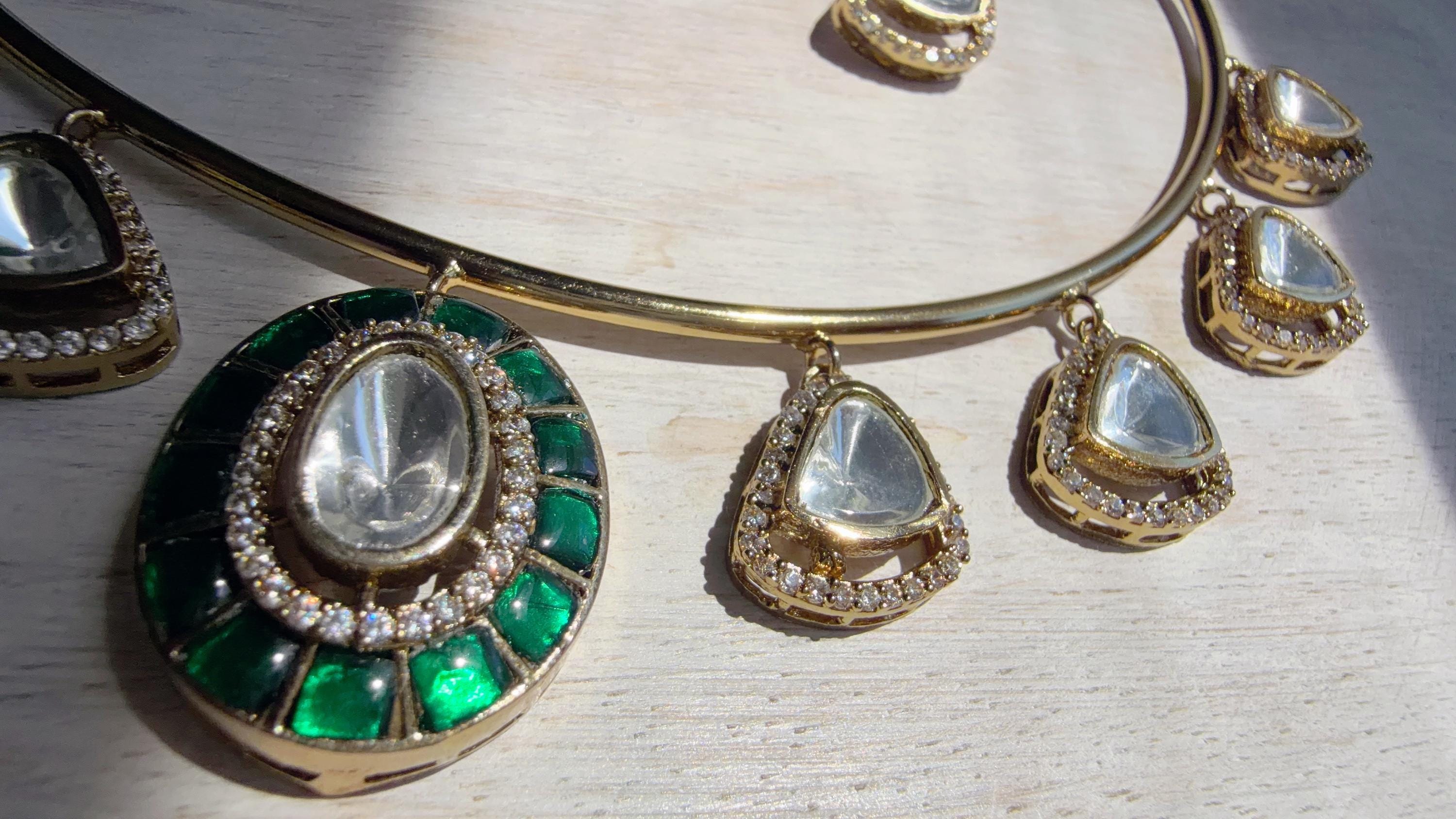 Emerald Green Coral Polki Kundan Necklace Set with Drop Earrings | Gold Finish Bridal Jewelry | Indian Wedding Necklace Set - Sally