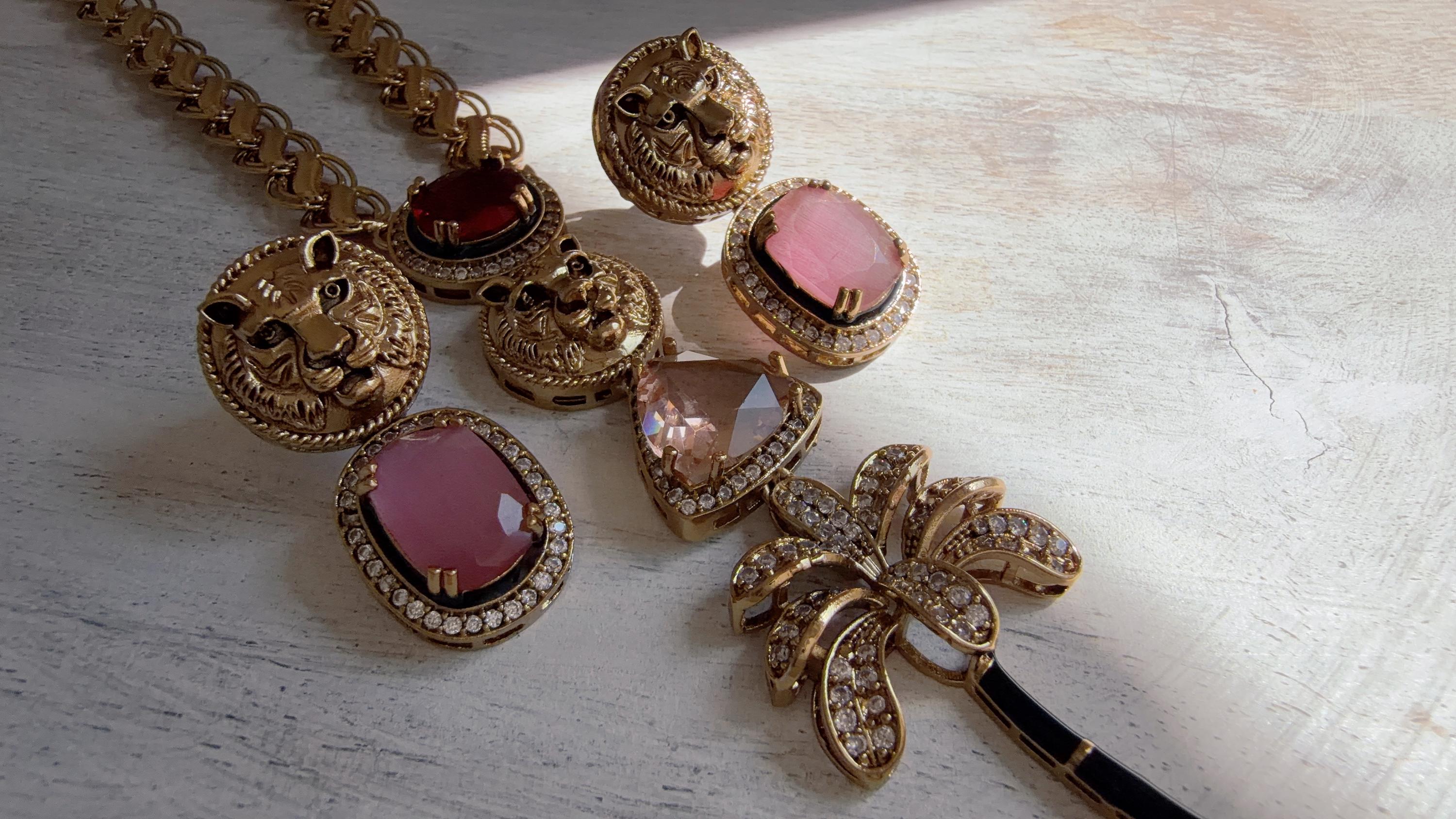 Sabyasachi-Inspired Ruby Pink Long Chain Necklace Set | Kundan Stone Bridal Jewelry | Indian Wedding Necklace – Naina