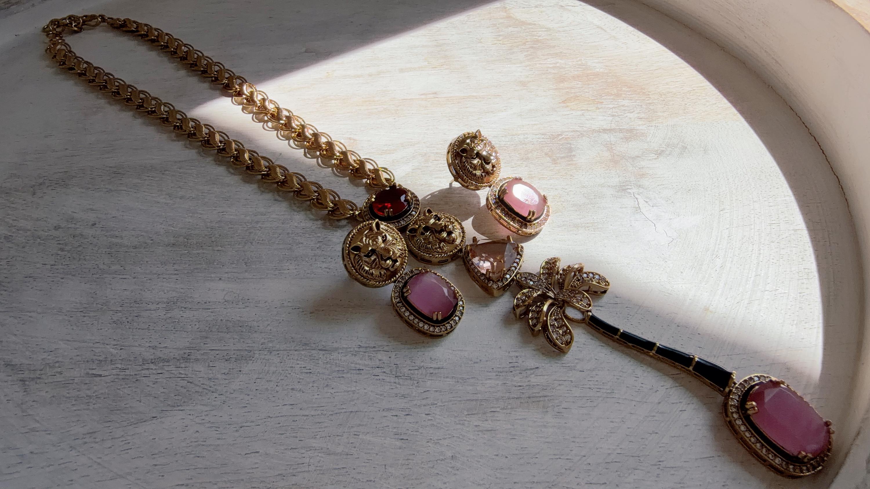 Sabyasachi-Inspired Ruby Pink Long Chain Necklace Set | Kundan Stone Bridal Jewelry | Indian Wedding Necklace – Naina