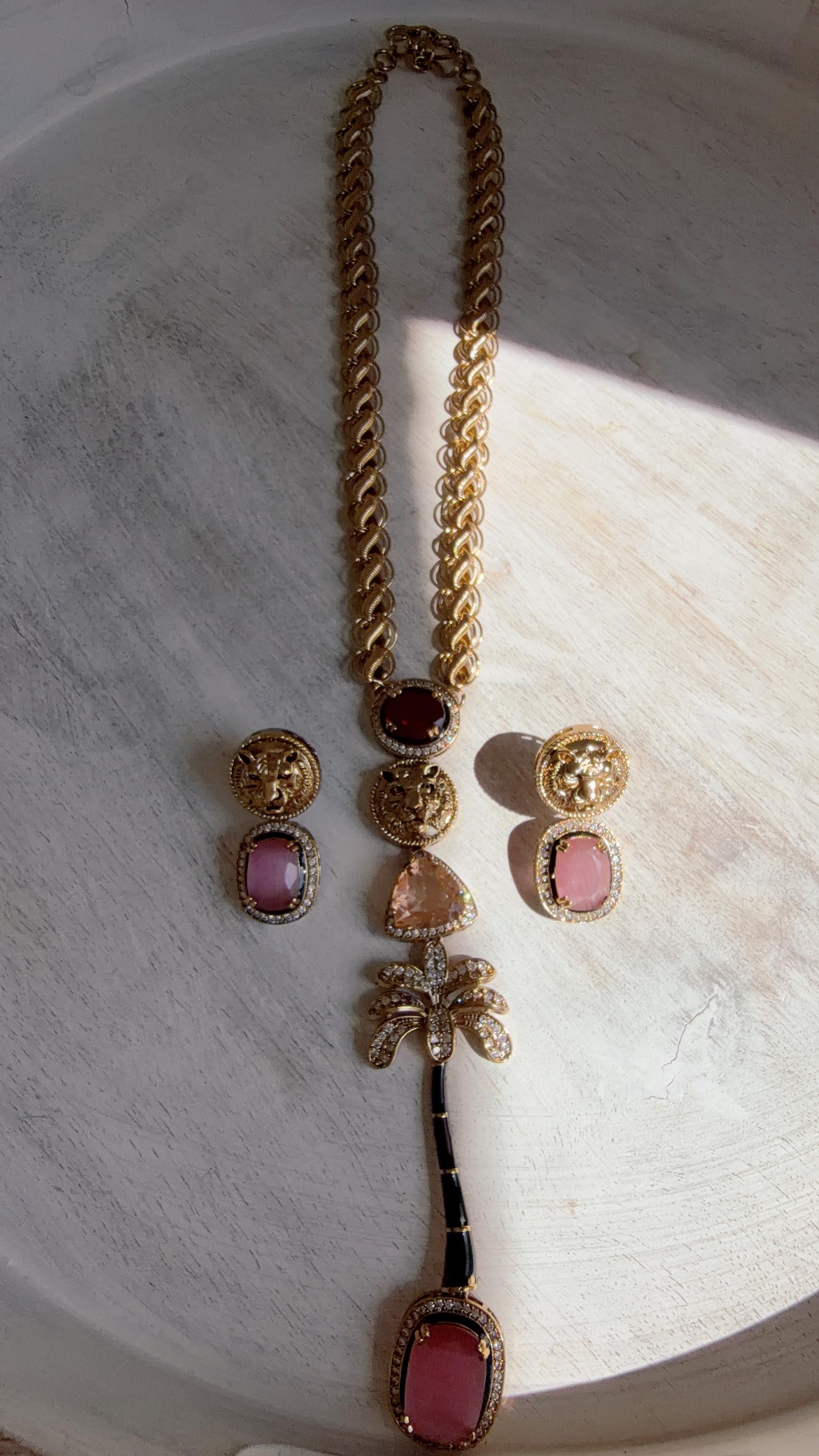 Sabyasachi-Inspired Ruby Pink Long Chain Necklace Set | Kundan Stone Bridal Jewelry | Indian Wedding Necklace – Naina