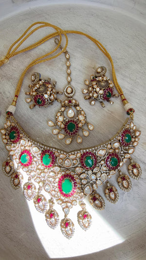 Ruby Green Kundan Choker Necklace Set | Statement Choker with jhumka Maang tikka | Indian Bridal Jewelry/Moissanite diamond necklace