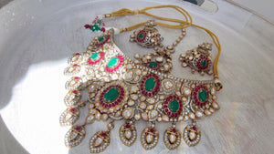Ruby Green Kundan Choker Necklace Set | Statement Choker with jhumka Maang tikka | Indian Bridal Jewelry/Moissanite diamond necklace