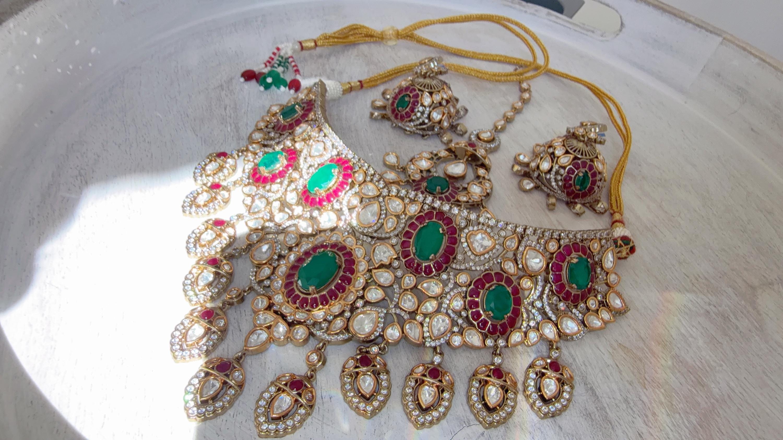 Ruby Green Kundan Choker Necklace Set | Statement Choker with jhumka Maang tikka | Indian Bridal Jewelry/Moissanite diamond necklace