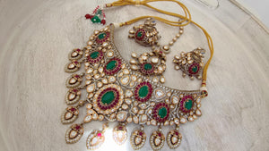 Ruby Green Kundan Choker Necklace Set | Statement Choker with jhumka Maang tikka | Indian Bridal Jewelry/Moissanite diamond necklace