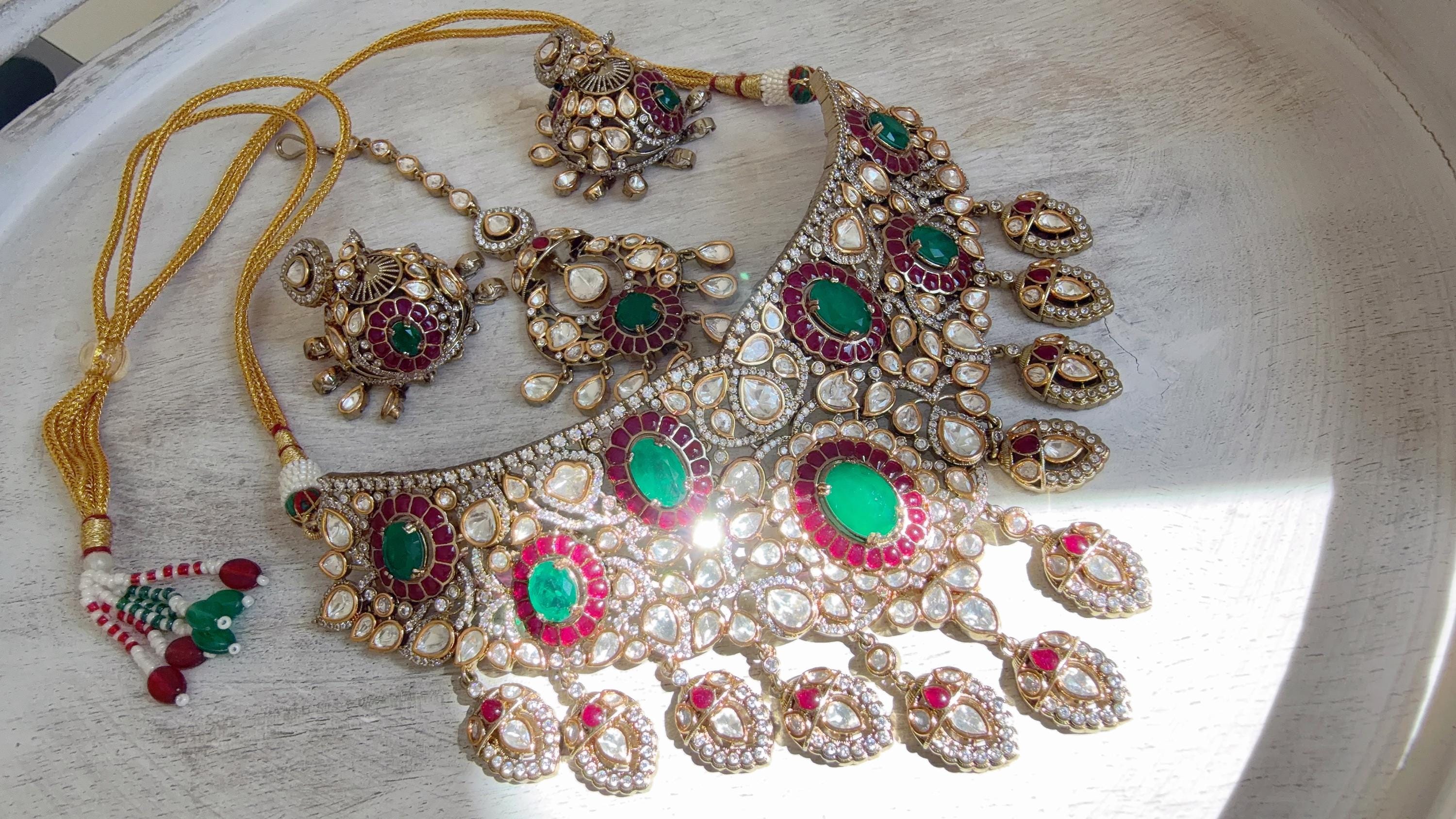 Ruby Green Kundan Choker Necklace Set | Statement Choker with jhumka Maang tikka | Indian Bridal Jewelry/Moissanite diamond necklace