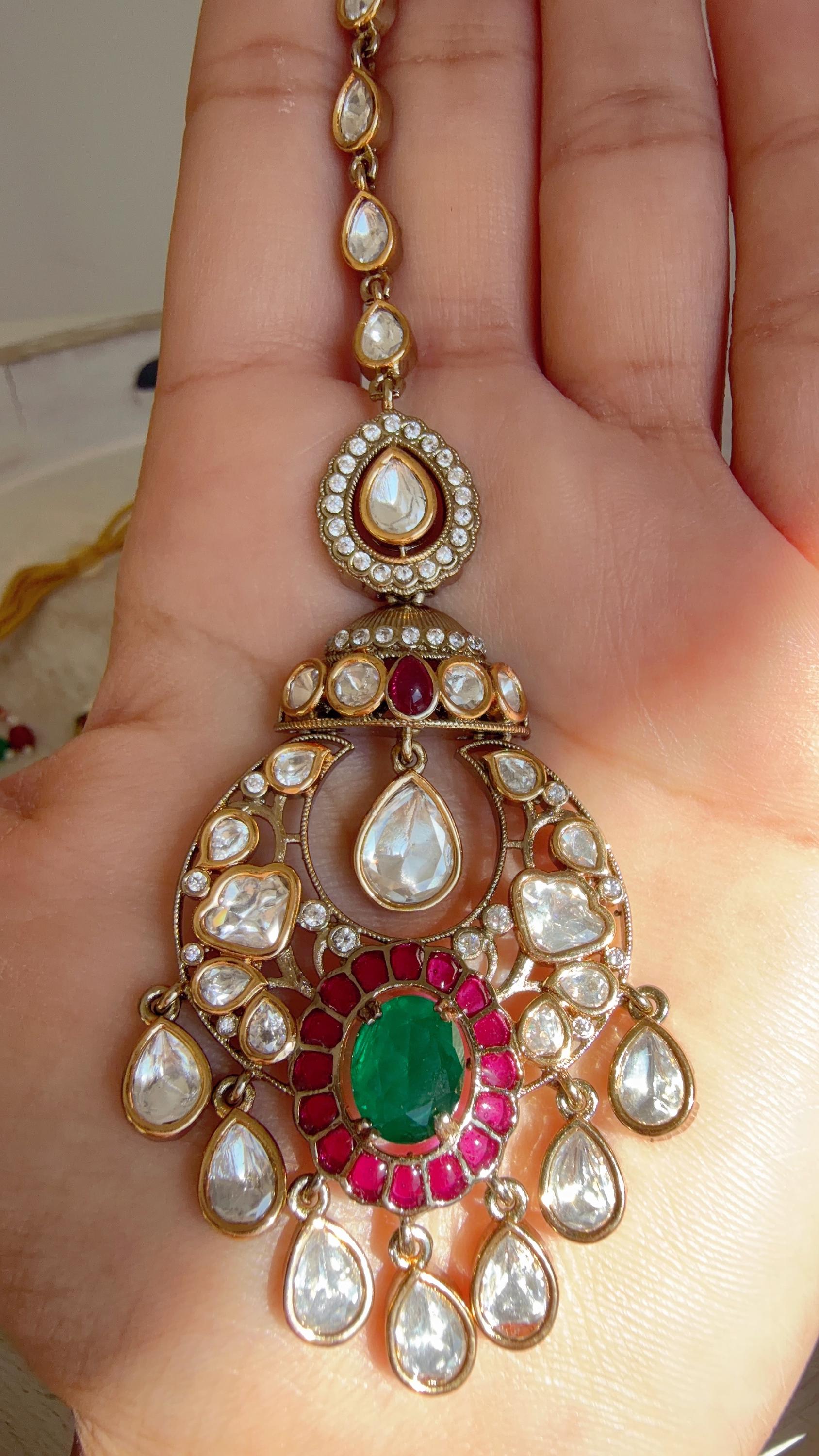 Ruby Green Kundan Choker Necklace Set | Statement Choker with jhumka Maang tikka | Indian Bridal Jewelry/Moissanite diamond necklace