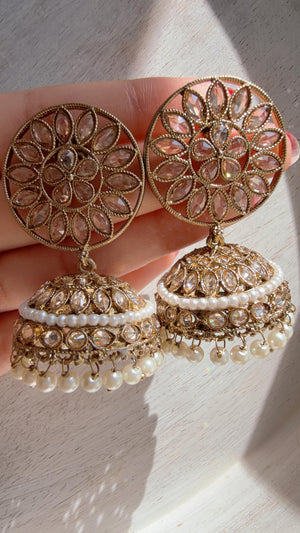 Gold Kundan Jhumka Earrings with Pearl & Bead Drops | Antique Gold Finish Indian Bridal Earrings