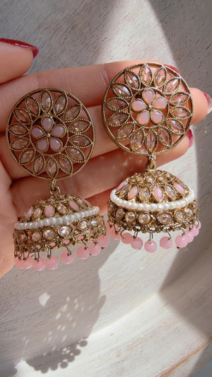 Baby pink Kundan Jhumka Earrings with Pearl & Bead Drops | Antique Gold Finish Indian Bridal Earrings