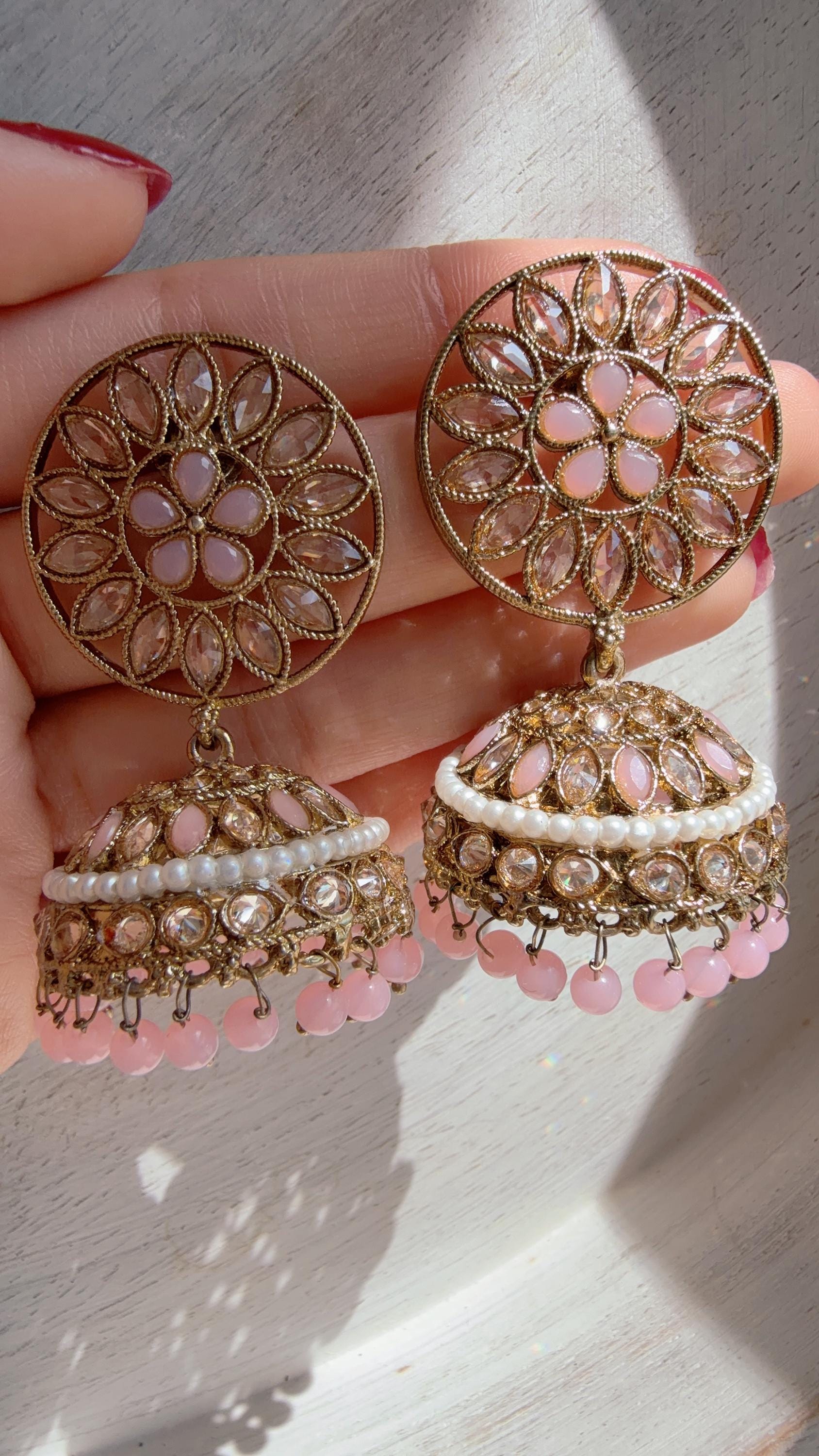 Baby pink Kundan Jhumka Earrings with Pearl & Bead Drops | Antique Gold Finish Indian Bridal Earrings