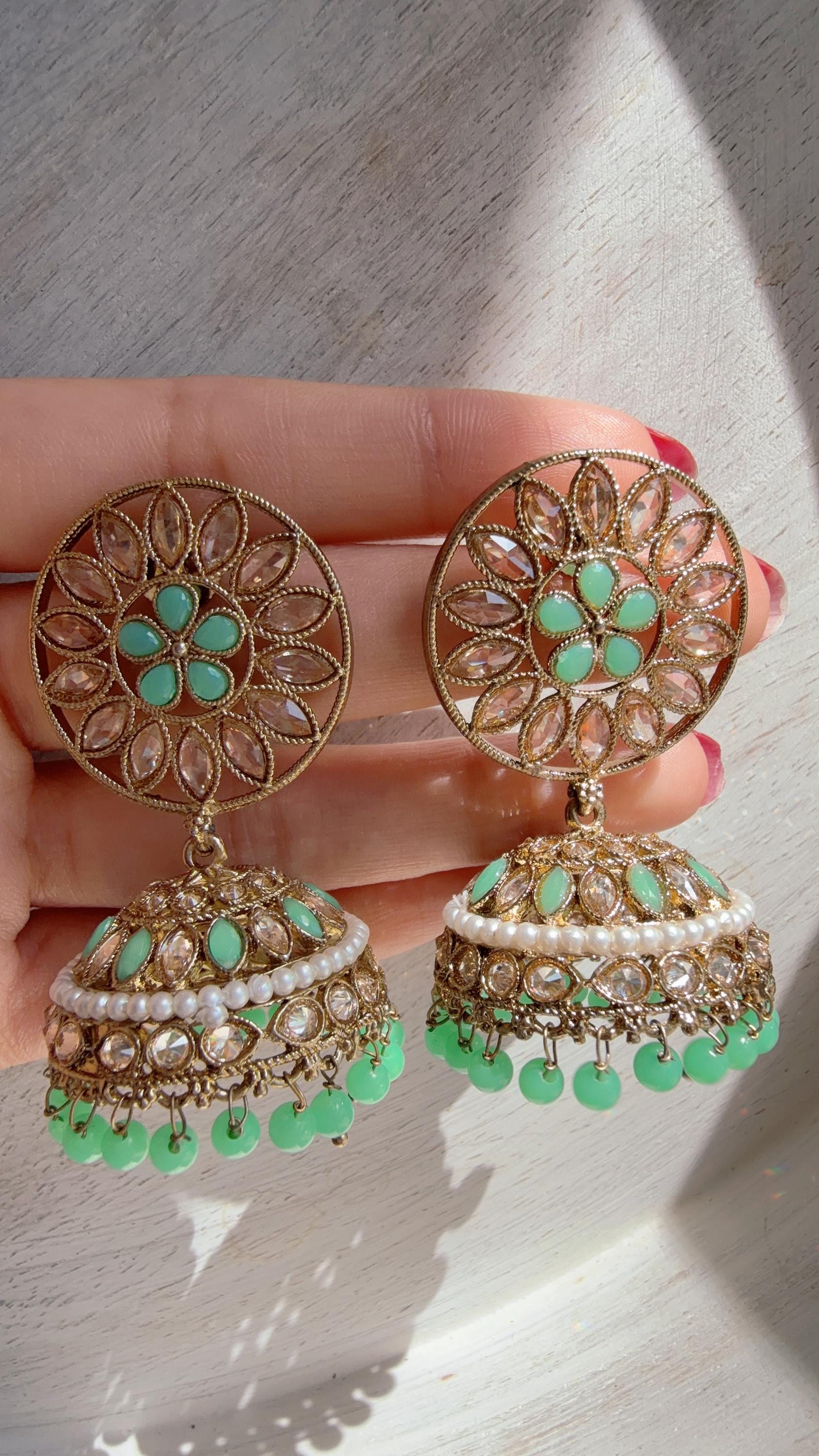 Mint Kundan Jhumka Earrings with Pearl & Bead Drops | Antique Gold Finish Indian Bridal Earrings