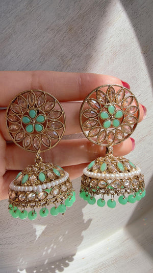 Mint Kundan Jhumka Earrings with Pearl & Bead Drops | Antique Gold Finish Indian Bridal Earrings