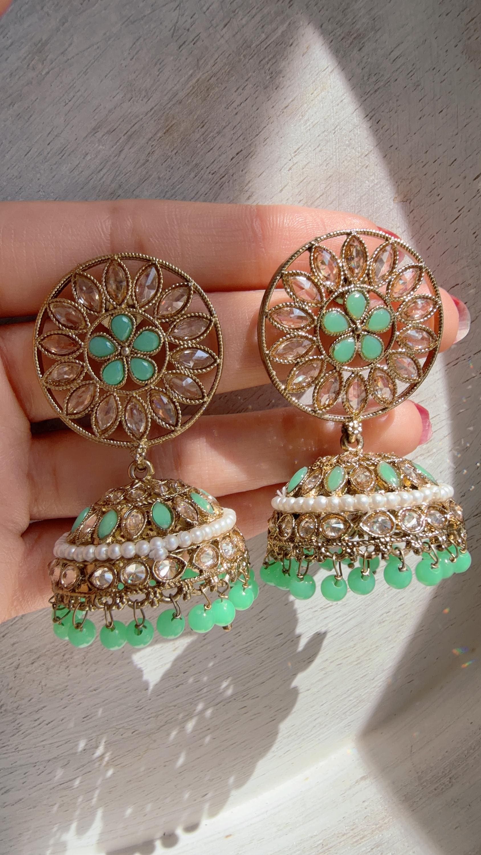 Mint Kundan Jhumka Earrings with Pearl & Bead Drops | Antique Gold Finish Indian Bridal Earrings