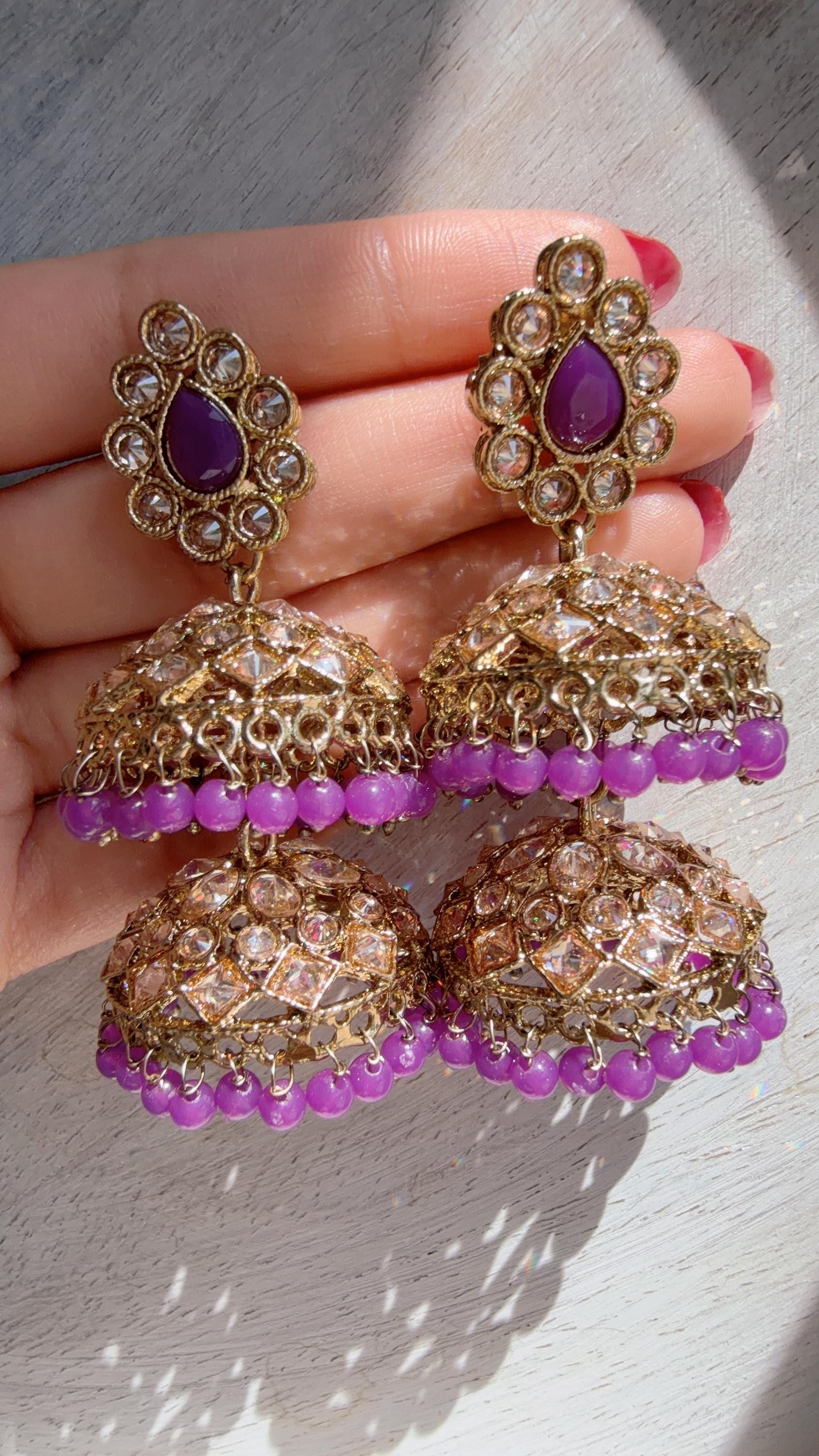 double layer purple Kundan Jhumka Earrings with Pearl & Bead Drops | Antique Gold Finish Indian Bridal Earrings