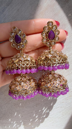 double layer purple Kundan Jhumka Earrings with Pearl & Bead Drops | Antique Gold Finish Indian Bridal Earrings
