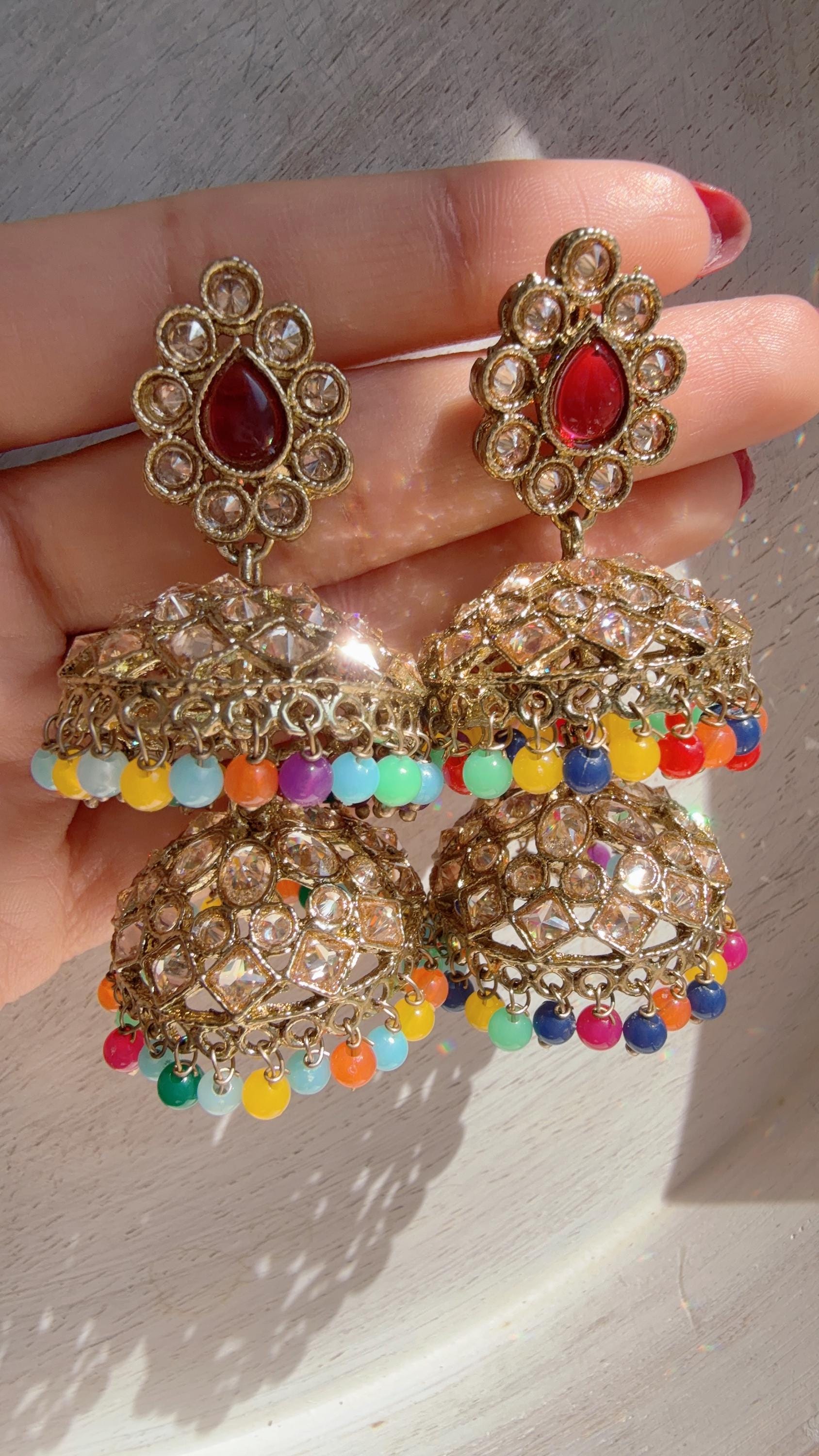double layer Multi Kundan Jhumka Earrings with Pearl & Bead Drops | Antique Gold Finish Indian Bridal Earrings