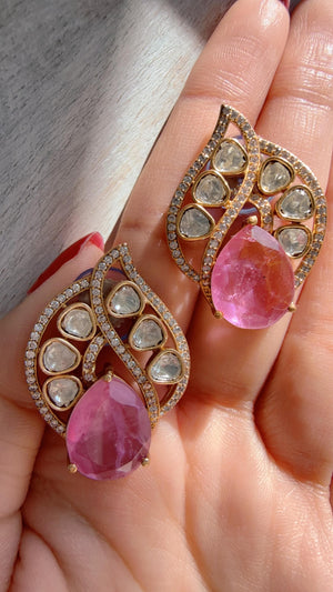 Baby Pink Moissanite Stone Earrings/Diamond Kundan Studs /Indian Jewelry /Statement Earring - Rani