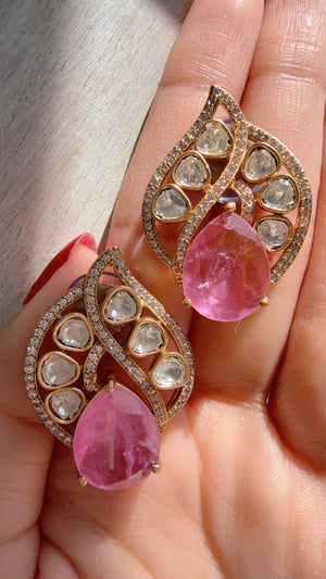 Baby Pink Moissanite Stone Earrings/Diamond Kundan Studs /Indian Jewelry /Statement Earring - Rani