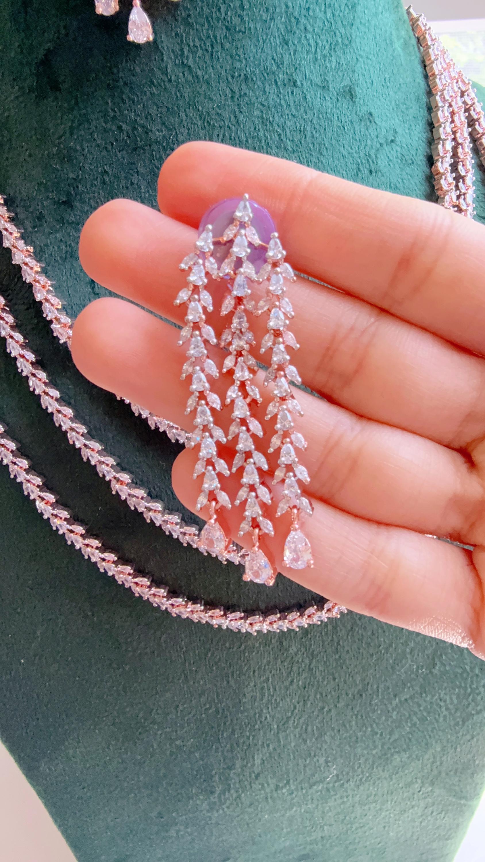 Rose Gold triple Layer Long Diamond CZ Necklace | Elegant Multi-Layer Cubic Zirconia Necklace | Statement Party & Bridal Jewelry