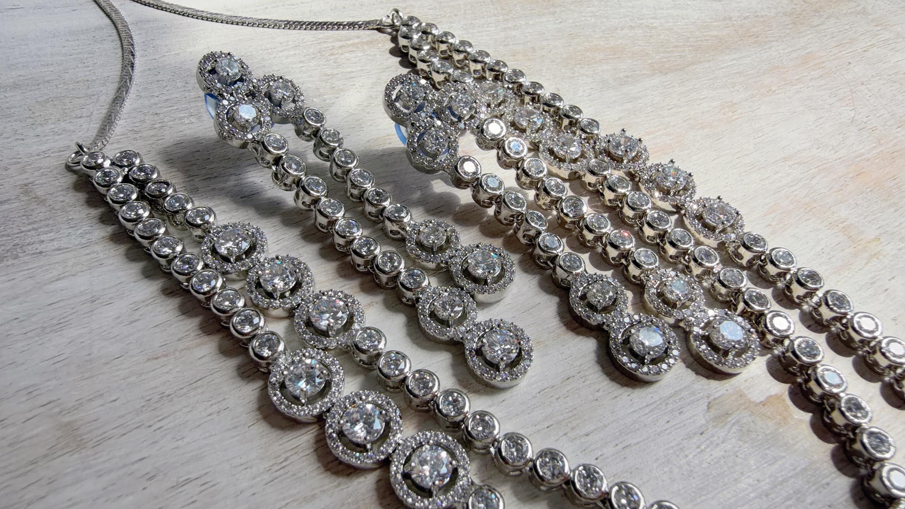 Silver Double Layer Diamond Tennis Necklace | Bridal Choker | Indian Diamond Necklace | CZ Tennis Necklace