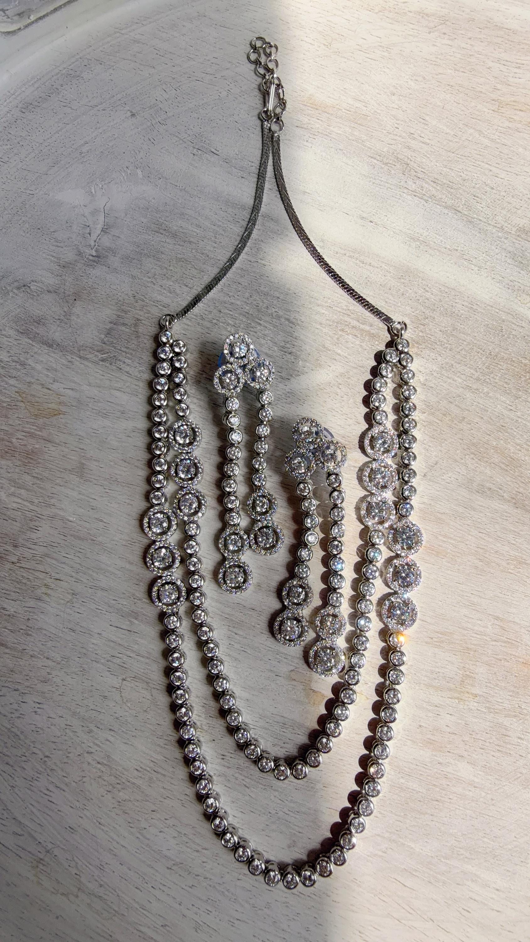 Silver Double Layer Diamond Tennis Necklace | Bridal Choker | Indian Diamond Necklace | CZ Tennis Necklace