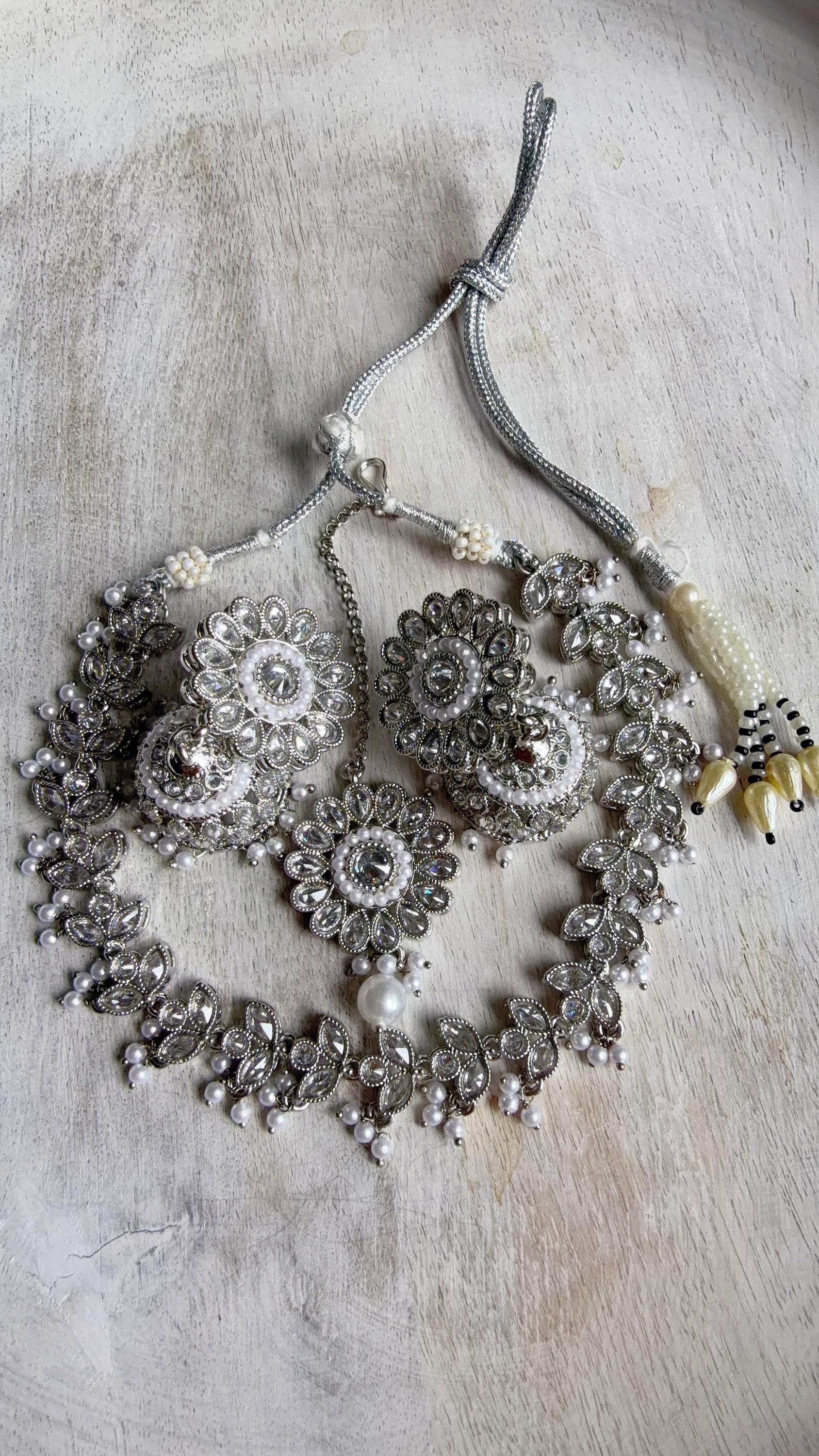 Silver Polki Kundan Mint pink Necklace Set with Earrings and Tikka | Wedding Bridal Necklace | Indian Jewelry | Bridal Jewelry | Alia 