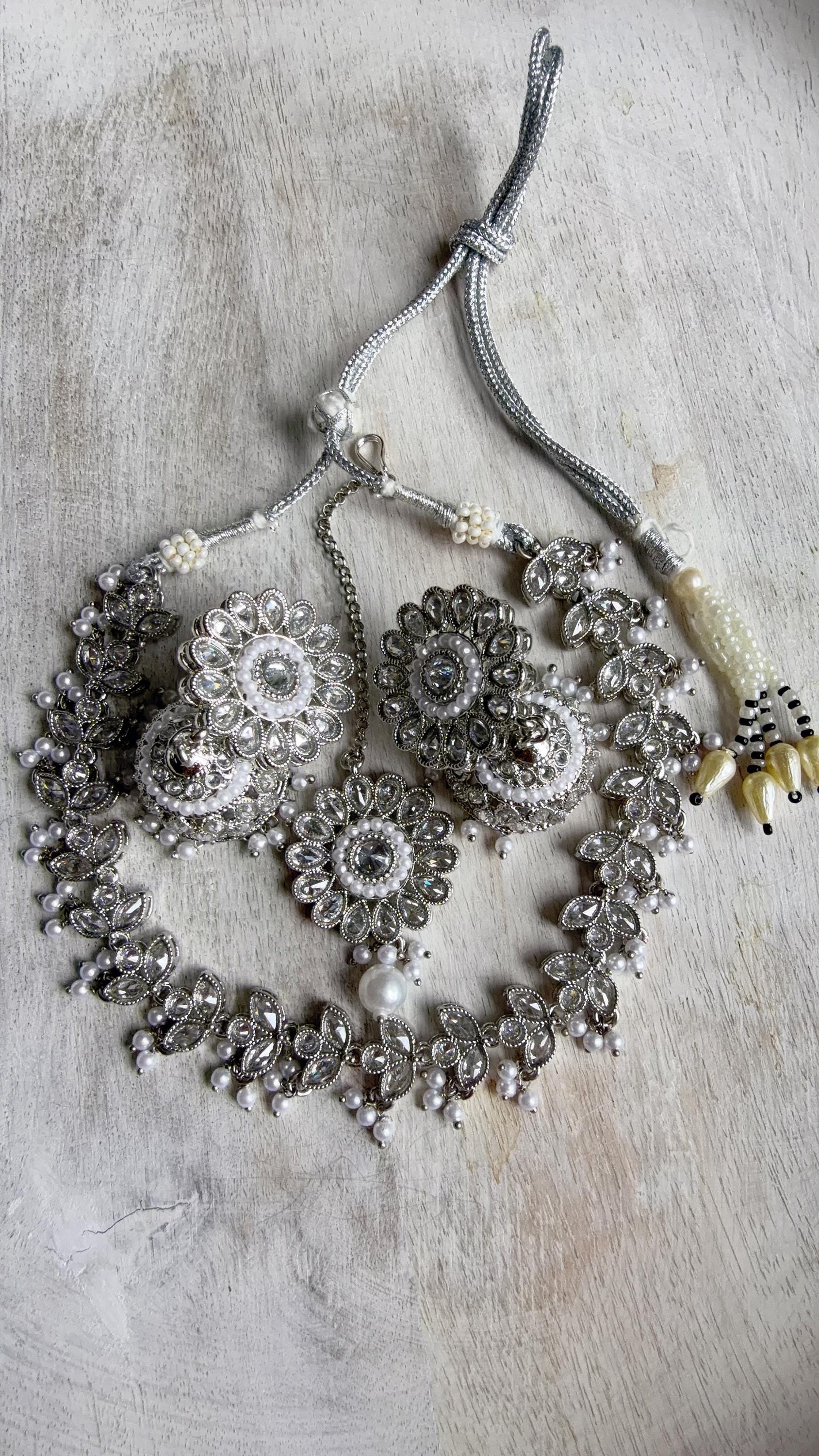 Silver Polki Kundan Mint pink Necklace Set with Earrings and Tikka | Wedding Bridal Necklace | Indian Jewelry | Bridal Jewelry | Alia 