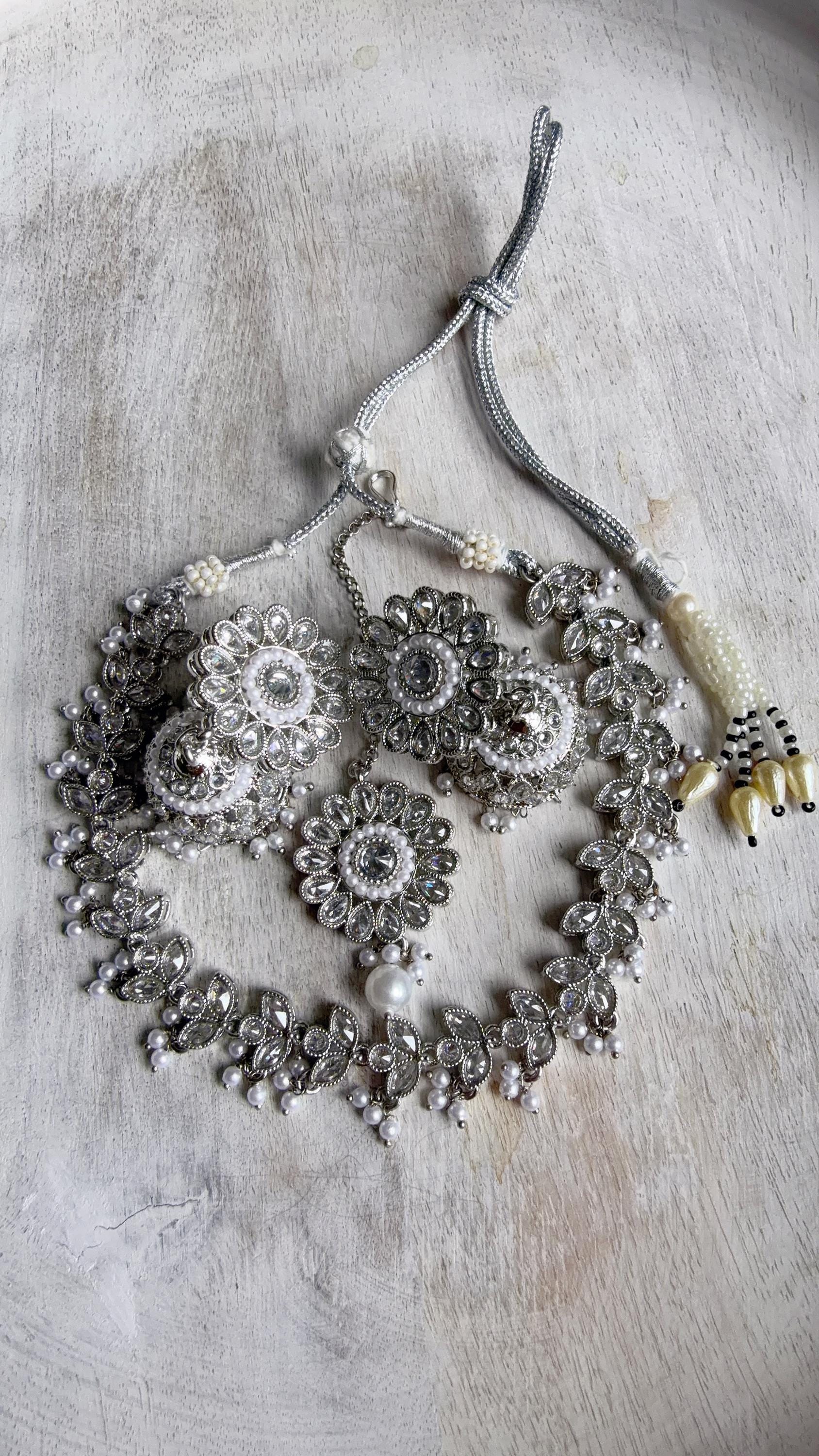 Silver Polki Kundan Mint pink Necklace Set with Earrings and Tikka | Wedding Bridal Necklace | Indian Jewelry | Bridal Jewelry | Alia 
