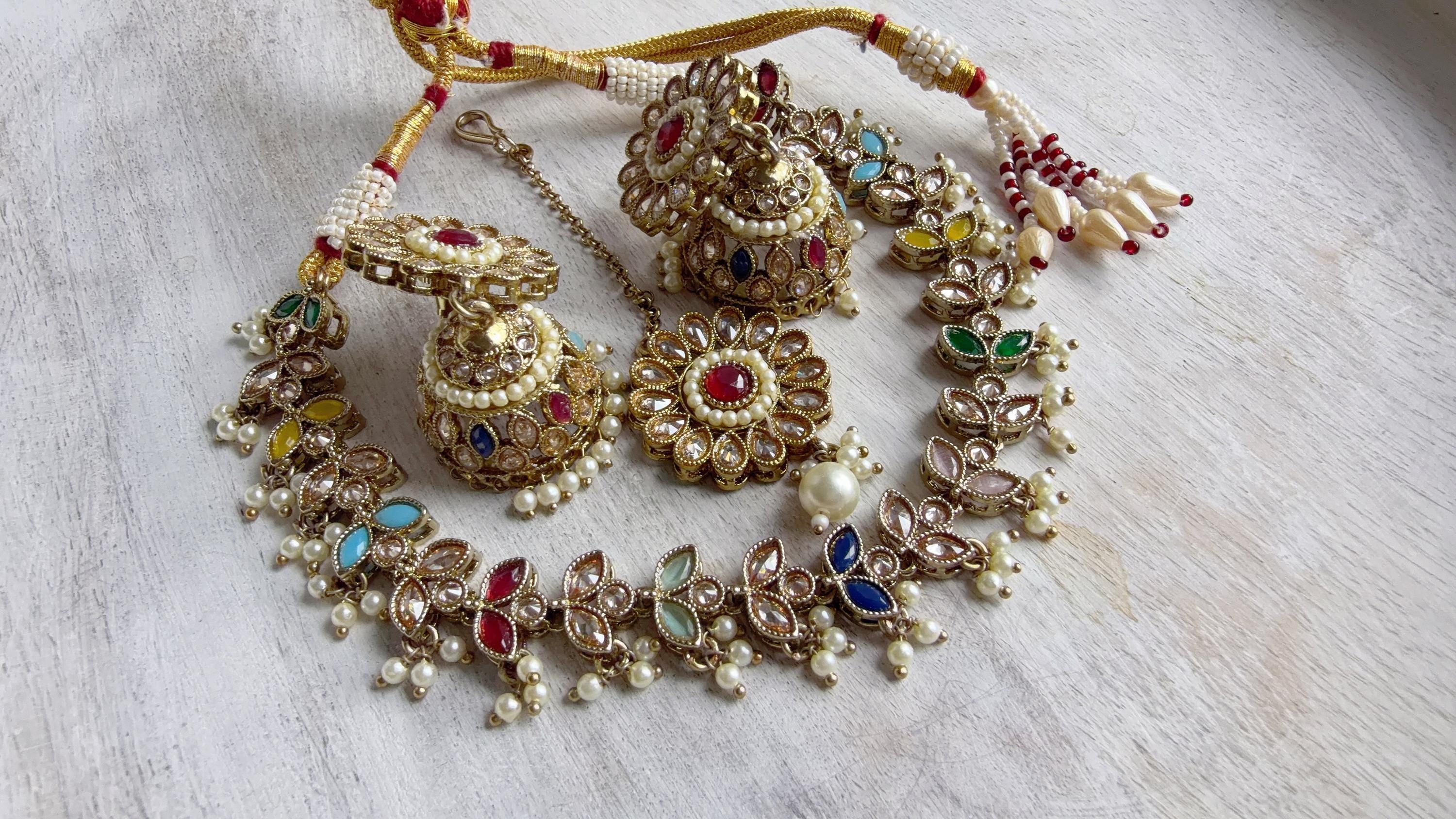 Silver Polki Kundan Multi Necklace Set with Earrings and Tikka | Wedding Bridal Necklace | Indian Jewelry | Bridal Jewelry | Alia 