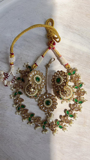 Antique Polki Kundan Green Necklace Set with Earrings and Tikka | Wedding Bridal Necklace | Indian Jewelry | Bridal Jewelry | Alia 