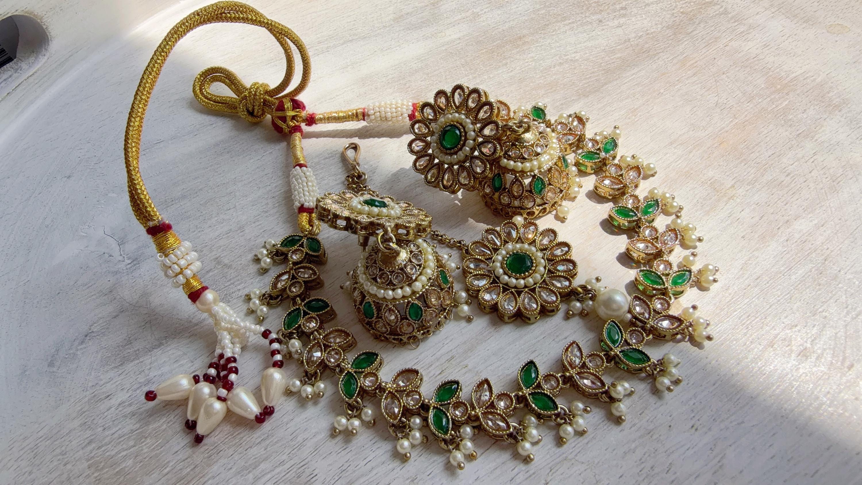 Antique Polki Kundan Green Necklace Set with Earrings and Tikka | Wedding Bridal Necklace | Indian Jewelry | Bridal Jewelry | Alia 