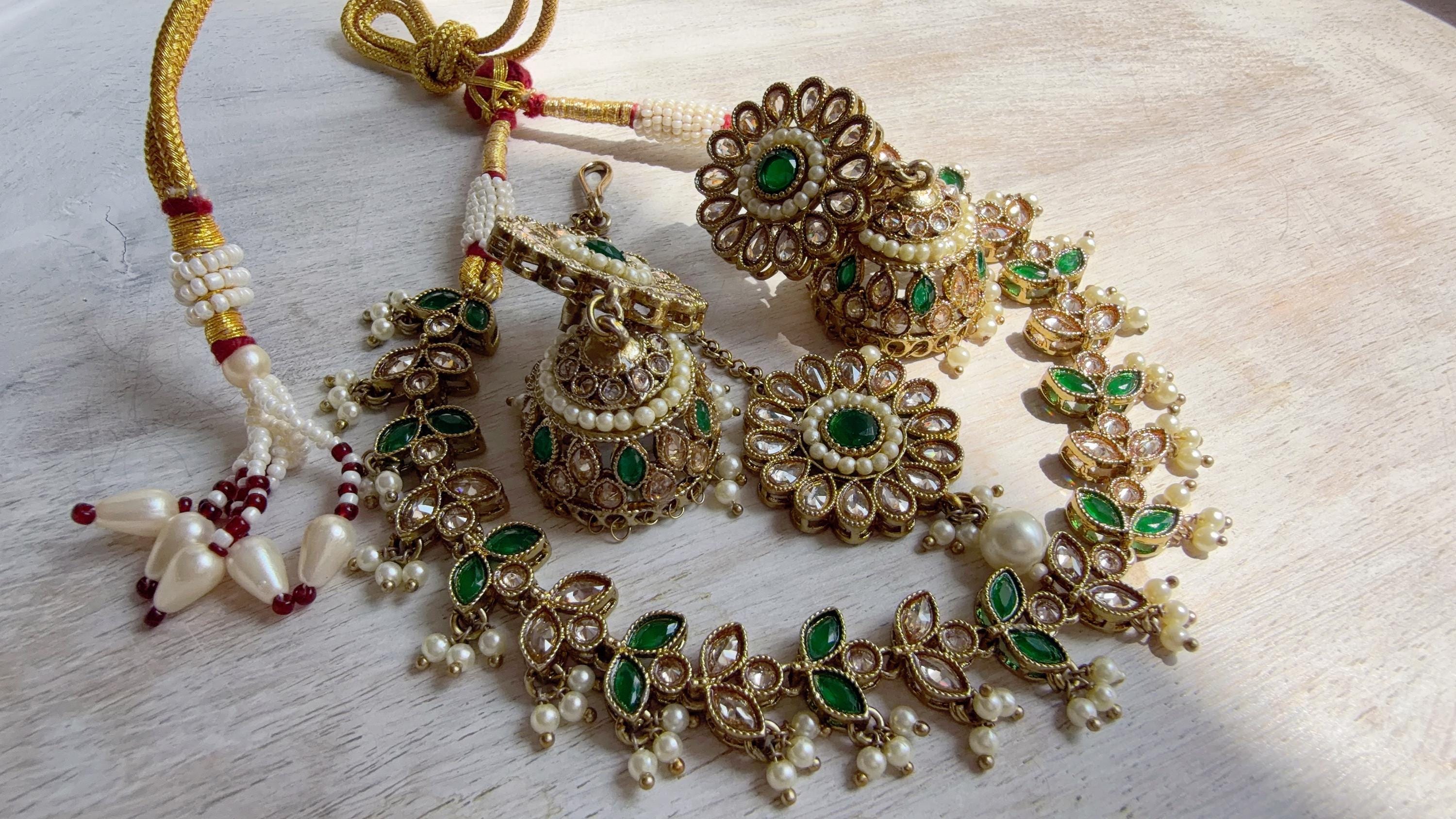 Antique Polki Kundan Green Necklace Set with Earrings and Tikka | Wedding Bridal Necklace | Indian Jewelry | Bridal Jewelry | Alia 