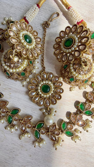 Antique Polki Kundan Green Necklace Set with Earrings and Tikka | Wedding Bridal Necklace | Indian Jewelry | Bridal Jewelry | Alia 