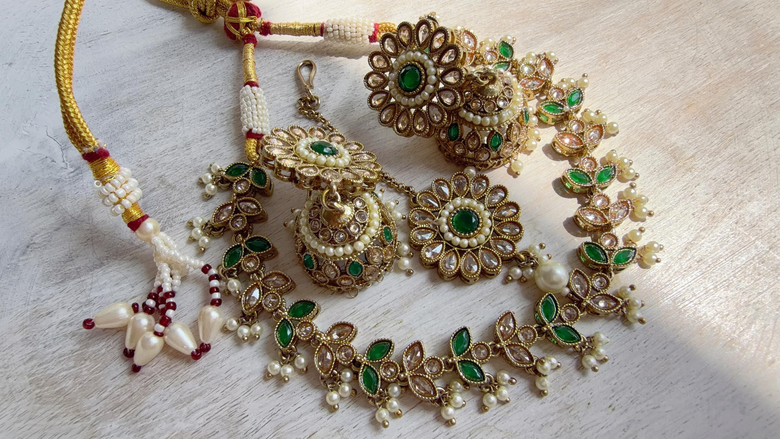 Antique Polki Kundan Green Necklace Set with Earrings and Tikka | Wedding Bridal Necklace | Indian Jewelry | Bridal Jewelry | Alia 