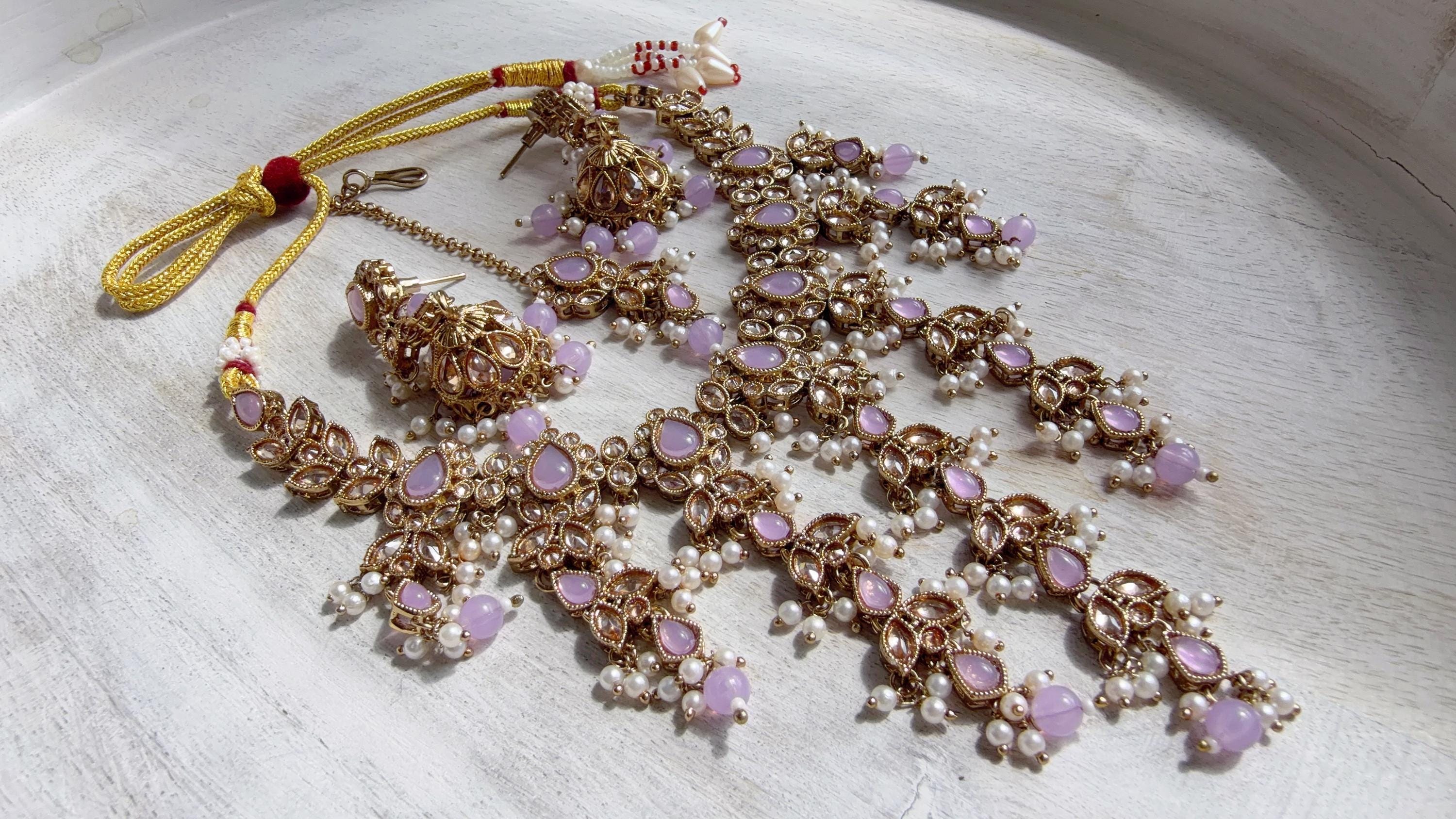 Polki Kundan Choker Necklace Set – Purple Indian Bridal Jewelry, Antique Mehndi Plated Wedding Choker - Nimrit