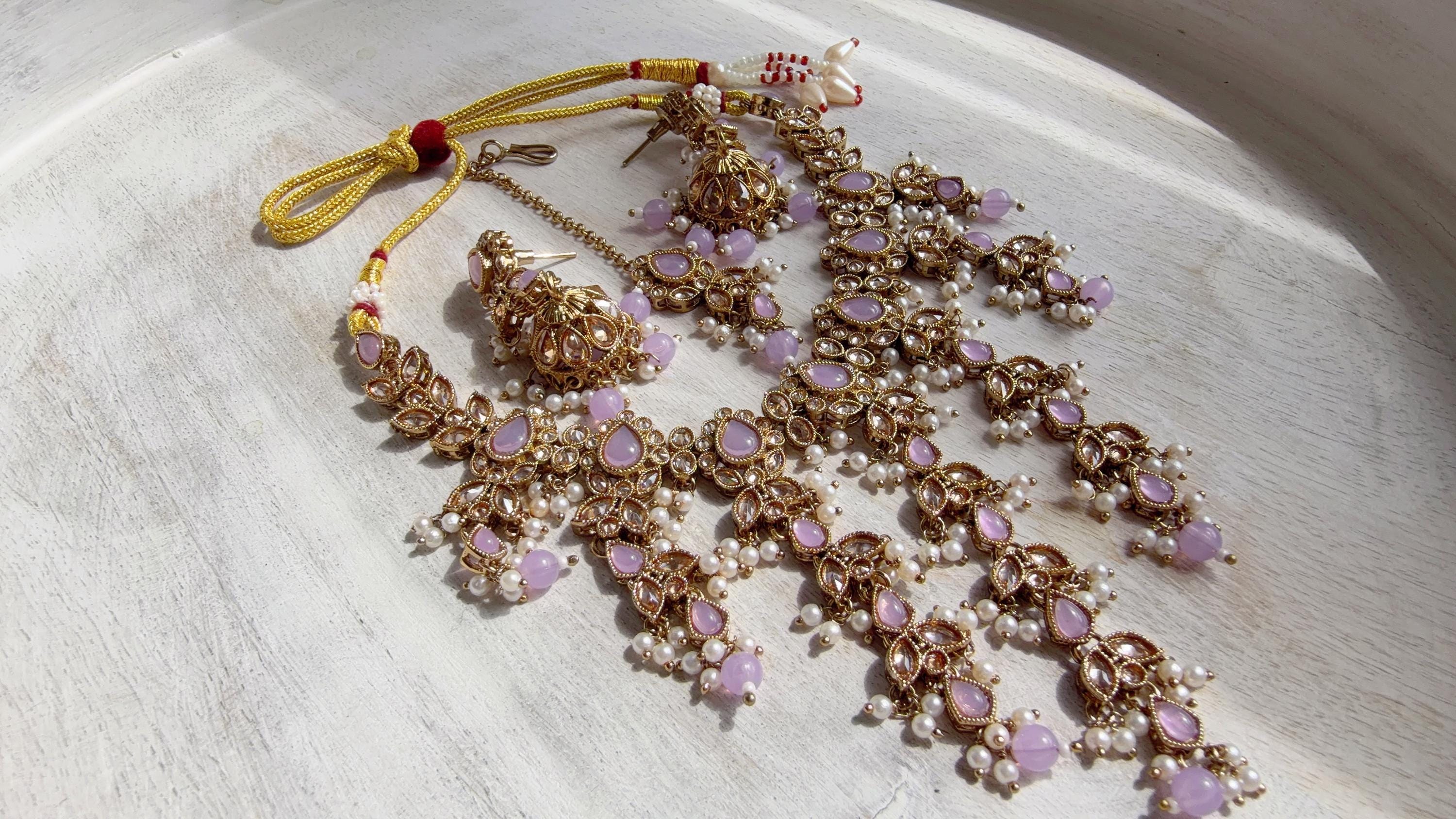 Polki Kundan Choker Necklace Set – Purple Indian Bridal Jewelry, Antique Mehndi Plated Wedding Choker - Nimrit