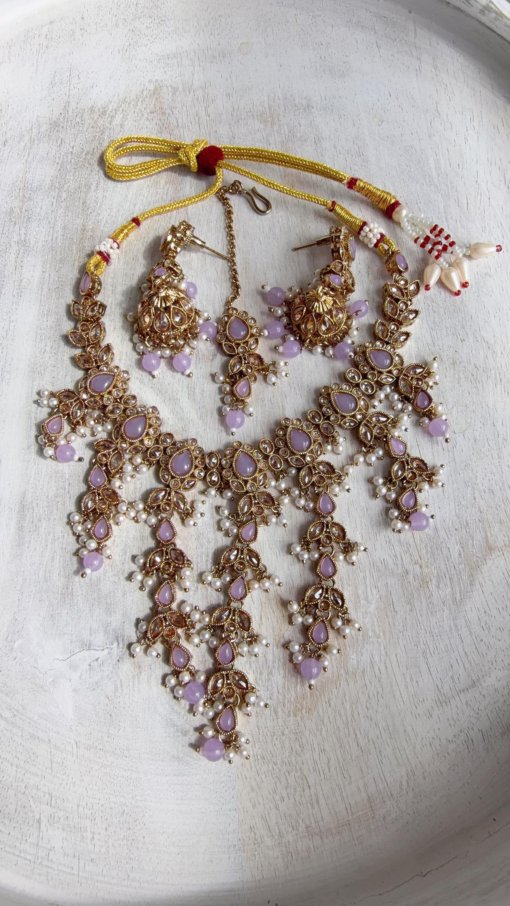 Polki Kundan Choker Necklace Set – Purple Indian Bridal Jewelry, Antique Mehndi Plated Wedding Choker - Nimrit