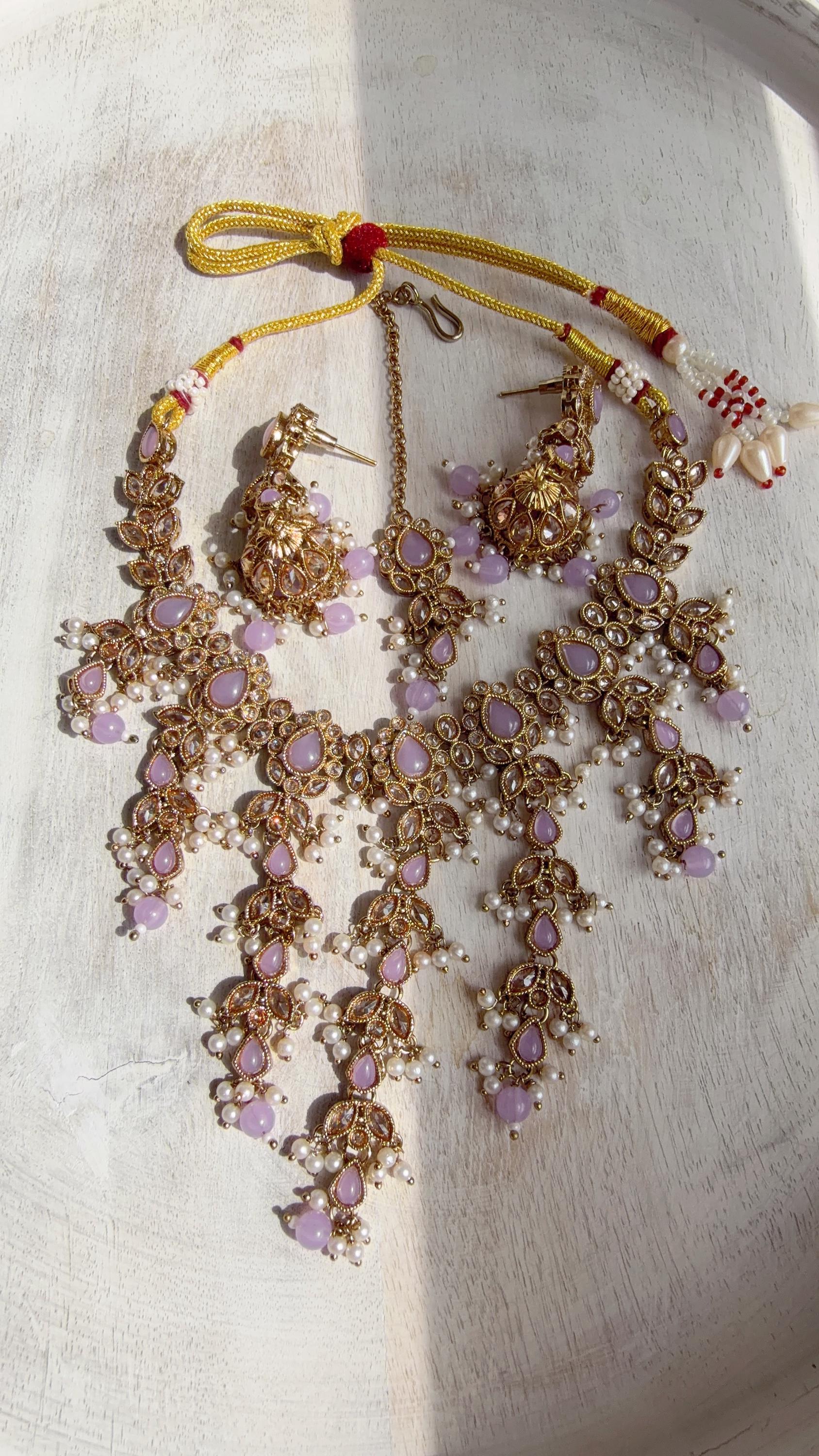 Polki Kundan Choker Necklace Set – Purple Indian Bridal Jewelry, Antique Mehndi Plated Wedding Choker - Nimrit