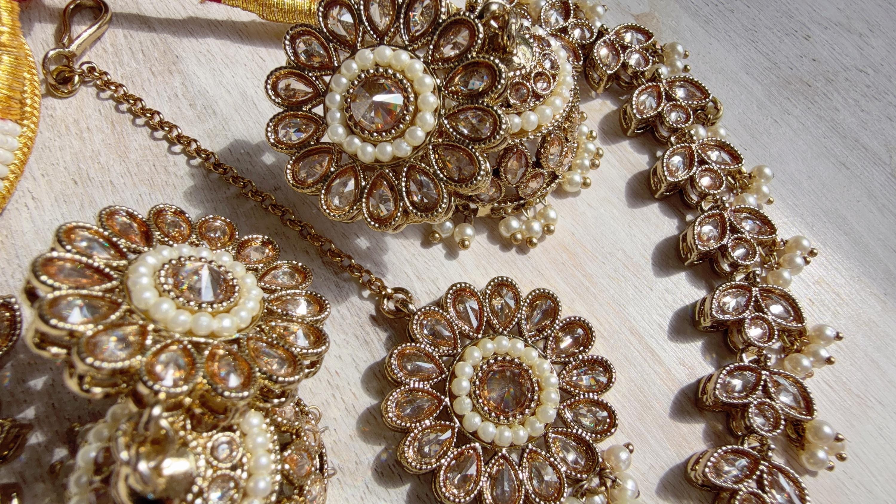 Gold Polki Kundan Necklace Set with Earrings and Tikka | Wedding Bridal Necklace | Indian Jewelry | Bridal Jewelry | Alia 