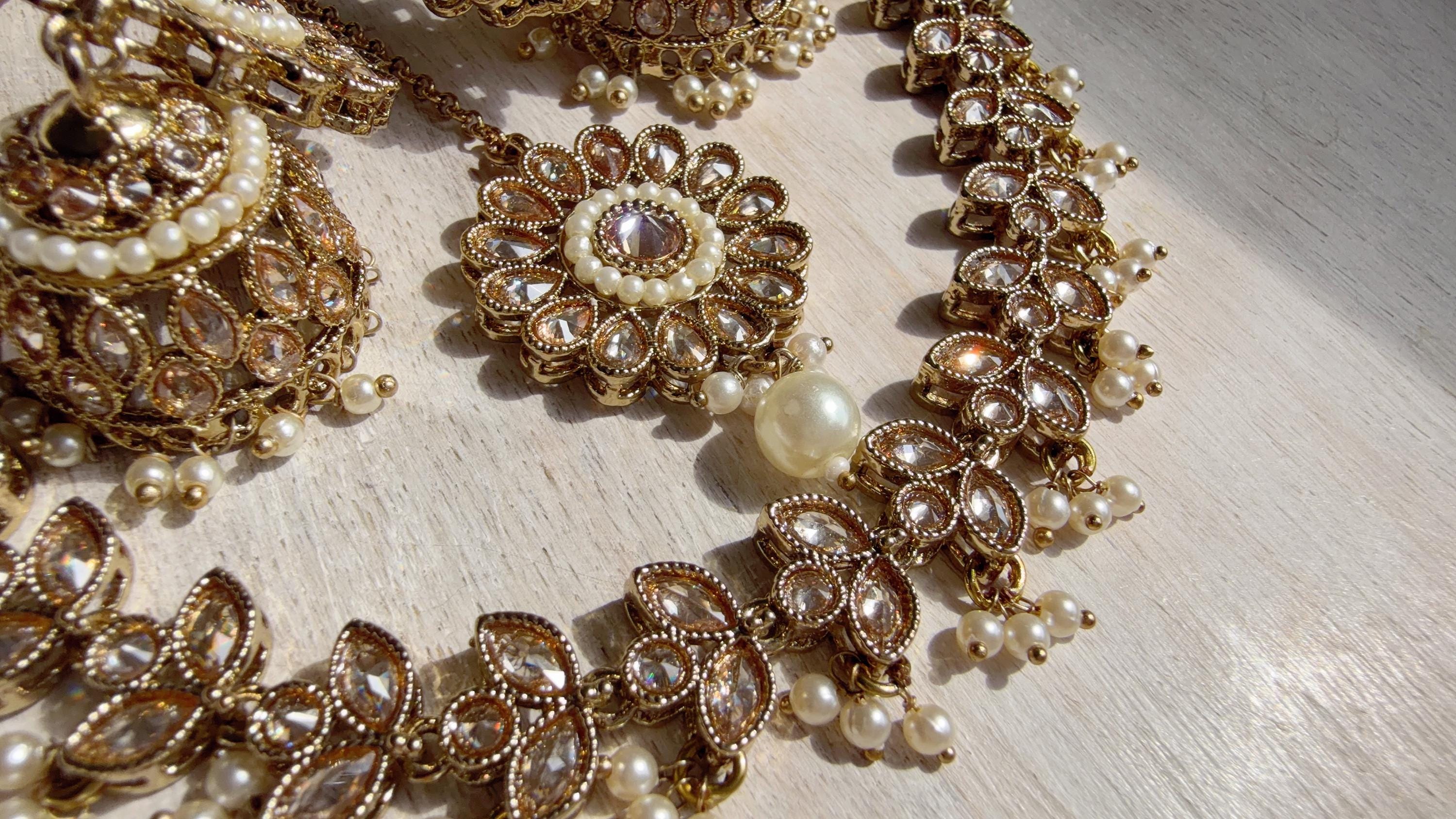 Gold Polki Kundan Necklace Set with Earrings and Tikka | Wedding Bridal Necklace | Indian Jewelry | Bridal Jewelry | Alia 