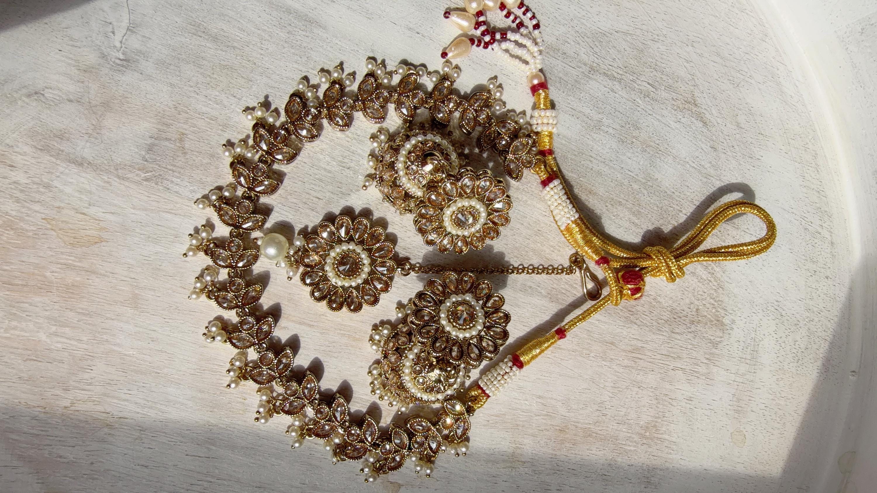 Gold Polki Kundan Necklace Set with Earrings and Tikka | Wedding Bridal Necklace | Indian Jewelry | Bridal Jewelry | Alia 