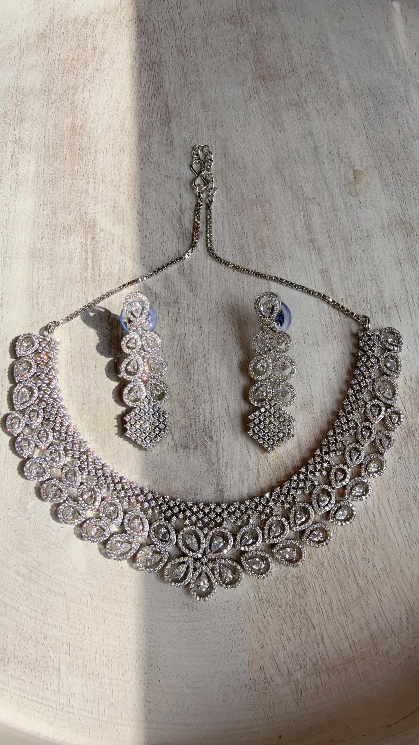 Silver Diamond Necklace | Bridal Necklace Set | Indian Diamond Necklace | CZ Choker