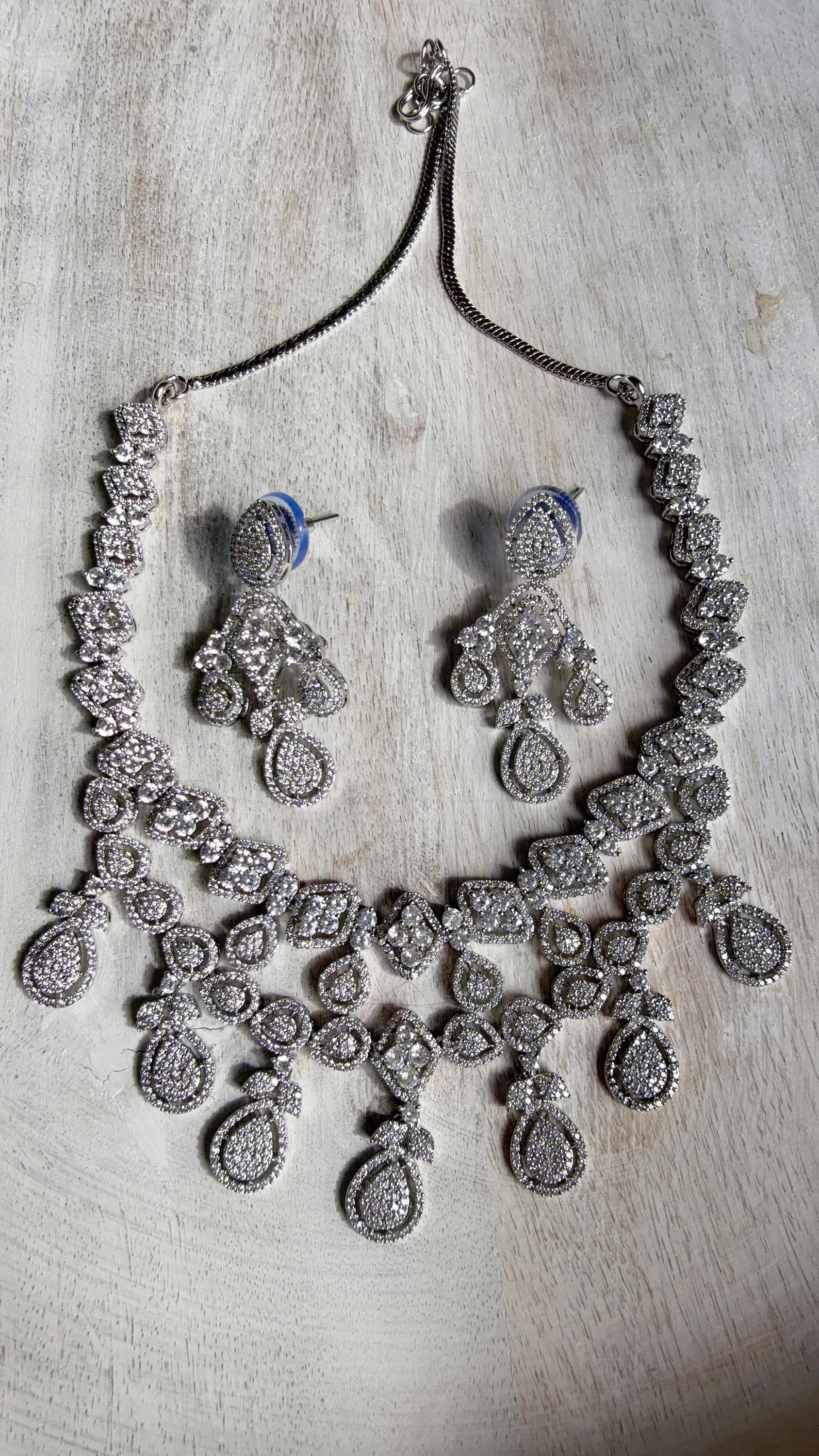 Silver Diamond Necklace | Bridal Necklace Set | Indian Diamond Necklace | CZ Choker