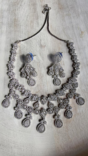 Silver Diamond Necklace | Bridal Necklace Set | Indian Diamond Necklace | CZ Choker