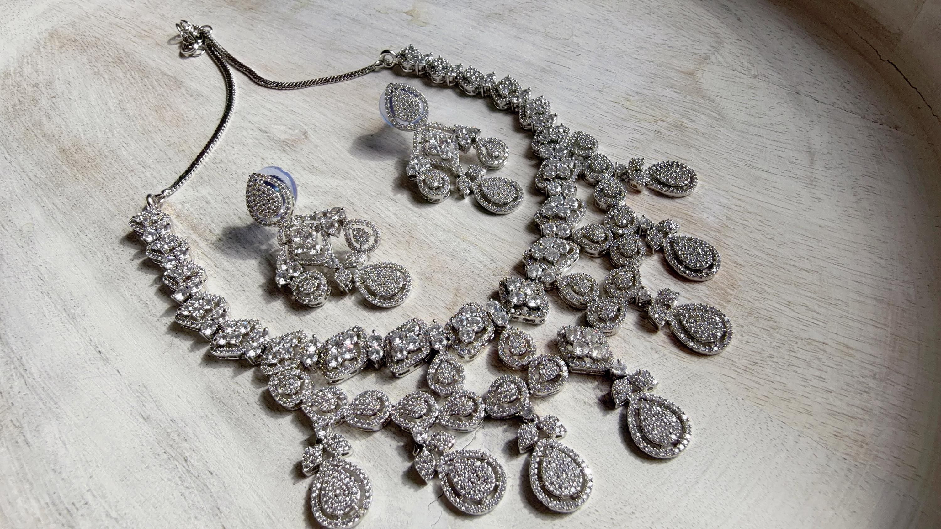 Silver Diamond Necklace | Bridal Necklace Set | Indian Diamond Necklace | CZ Choker