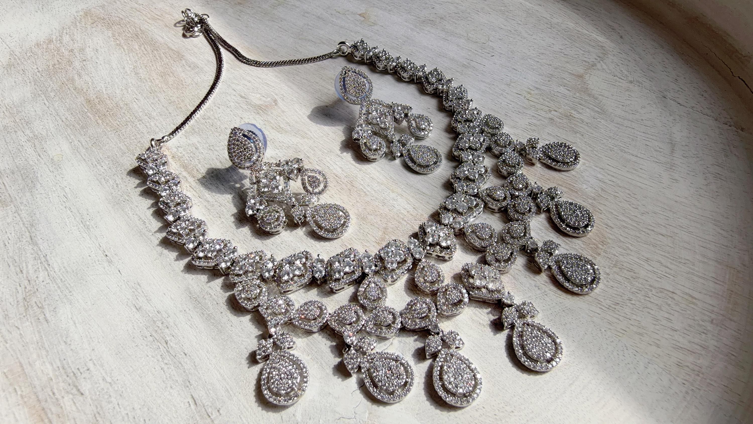 Silver Diamond Necklace | Bridal Necklace Set | Indian Diamond Necklace | CZ Choker