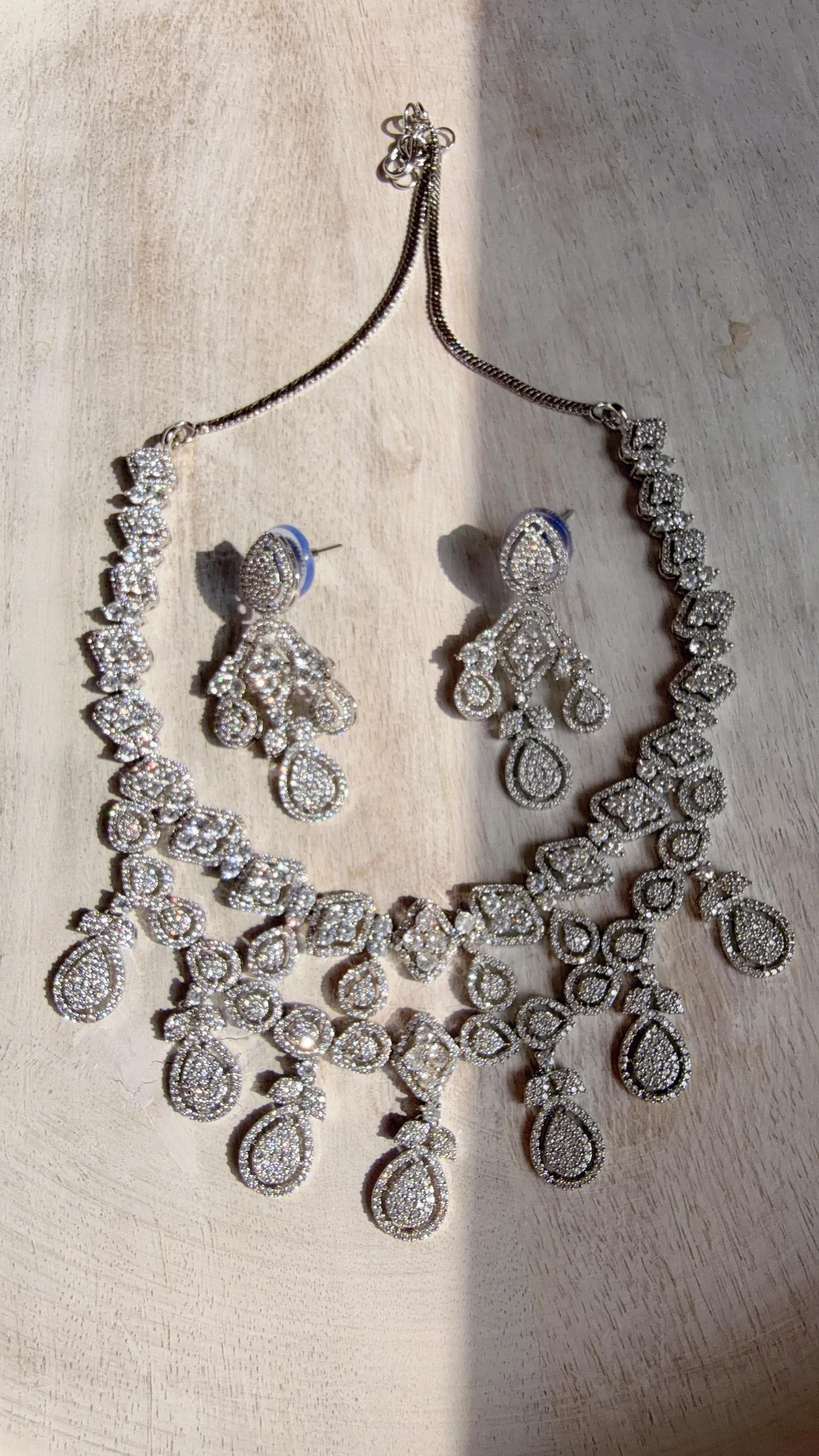 Silver Diamond Necklace | Bridal Necklace Set | Indian Diamond Necklace | CZ Choker